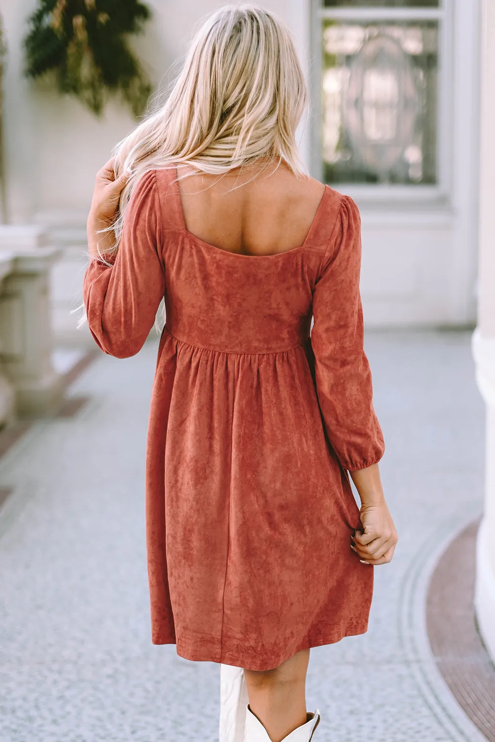 Square Neck Suede Dress with Puff Sleeves