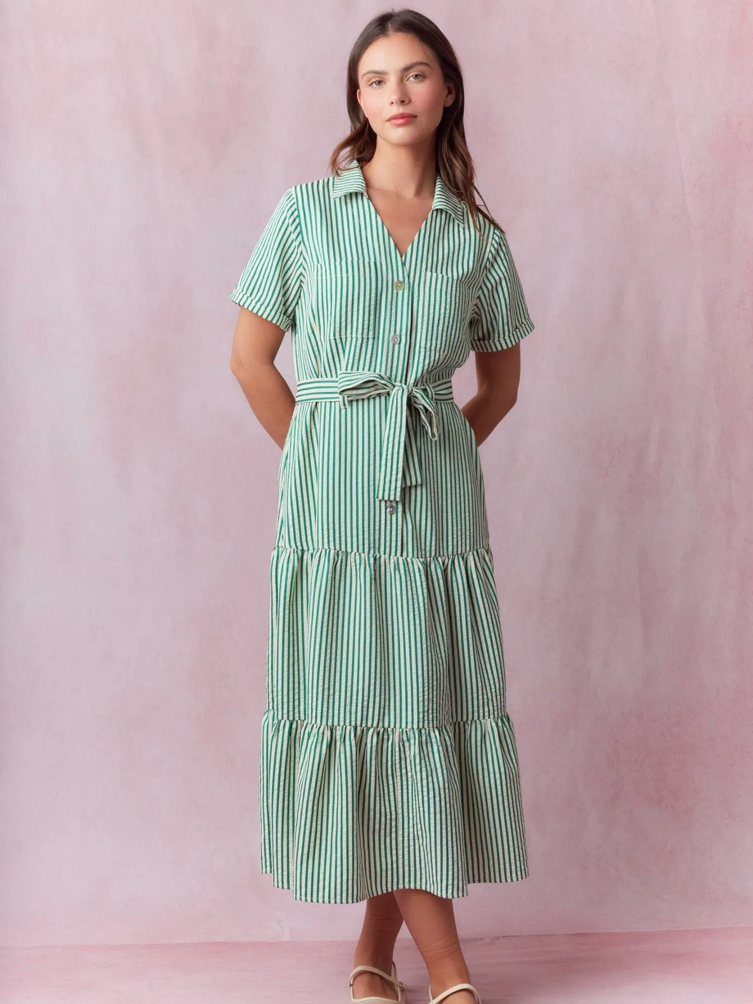 Stripe Button Down Tiered Shirt Dress