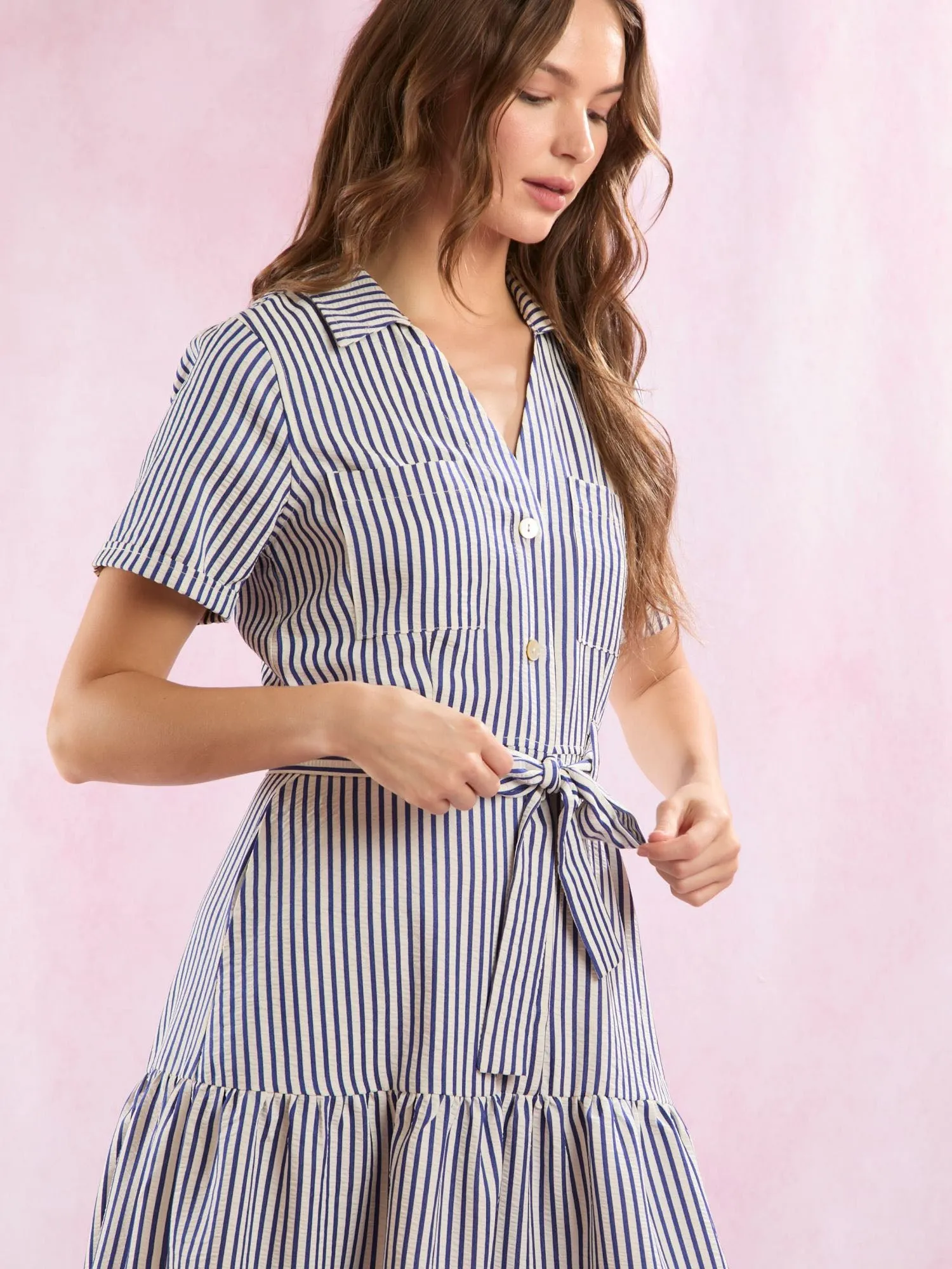 Stripe Button Down Tiered Shirt Dress