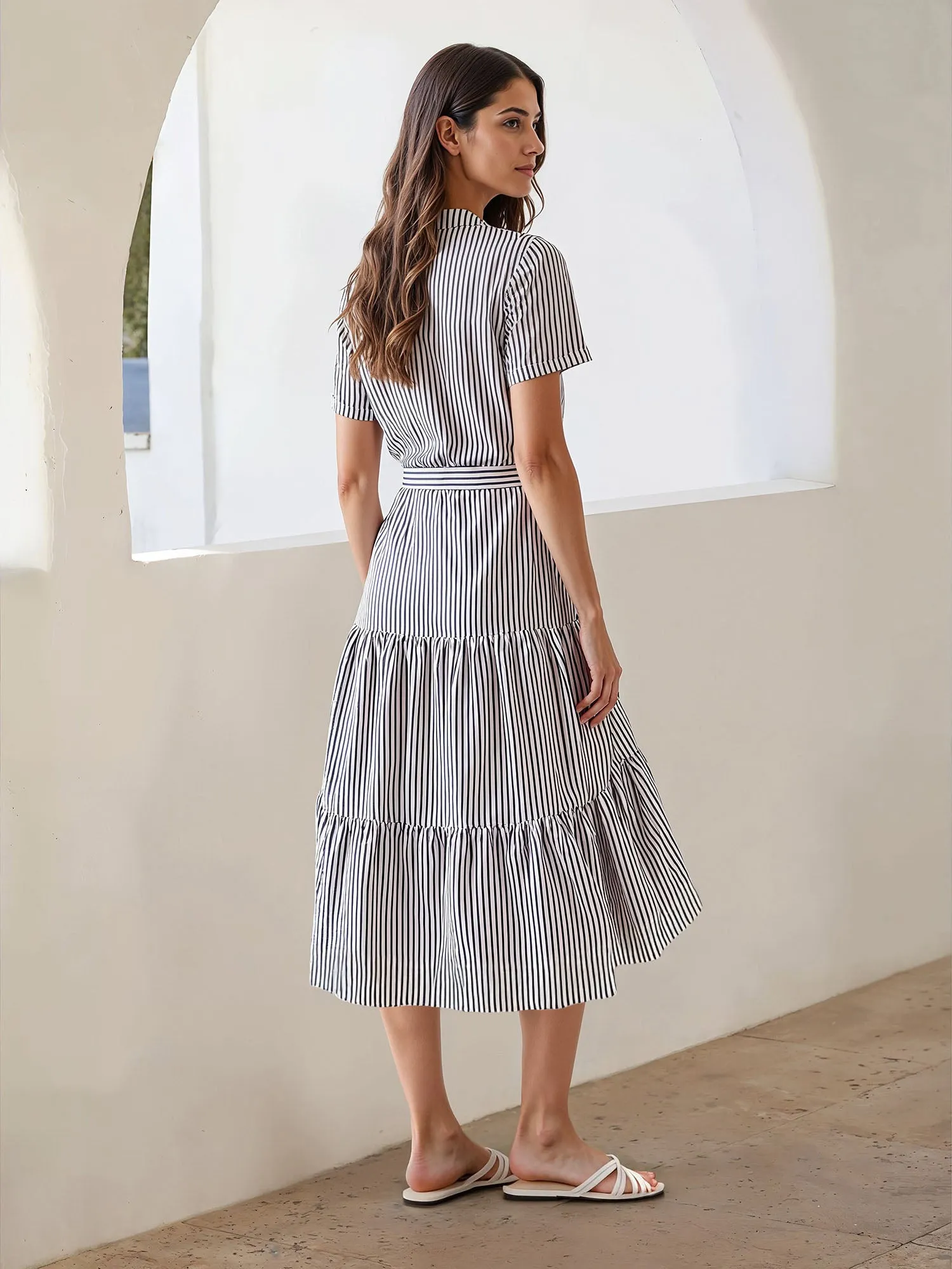 Stripe Button Down Tiered Shirt Dress