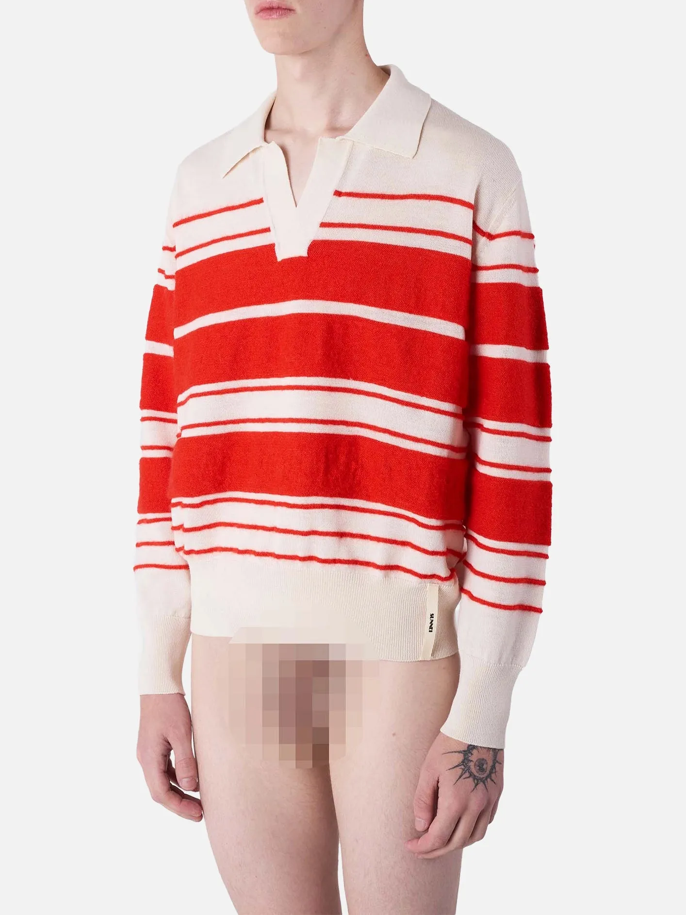 Striped Knit LS Polo - Off White/Acid Red