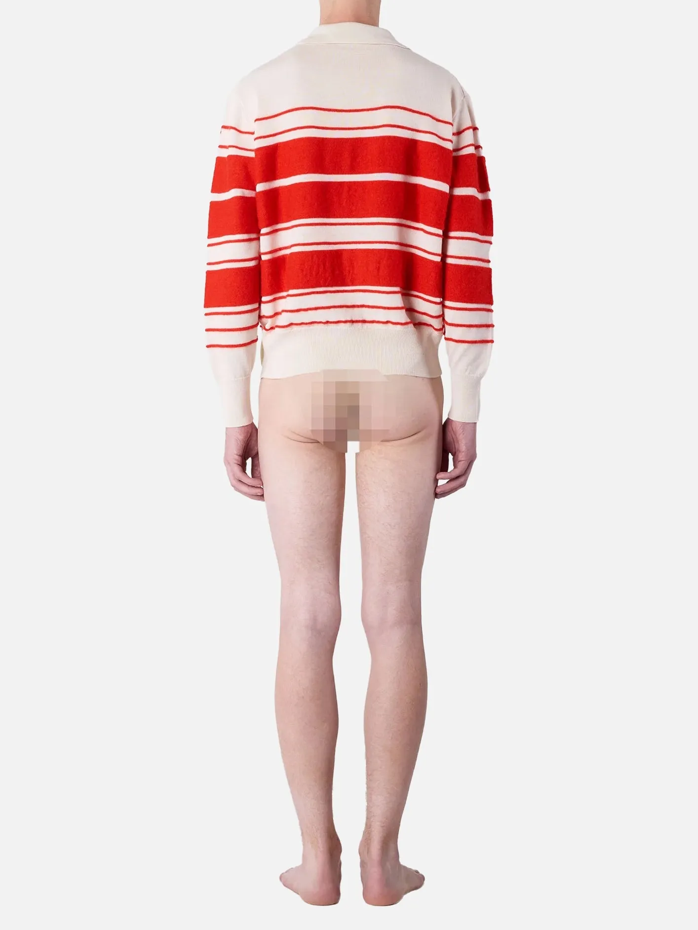 Striped Knit LS Polo - Off White/Acid Red