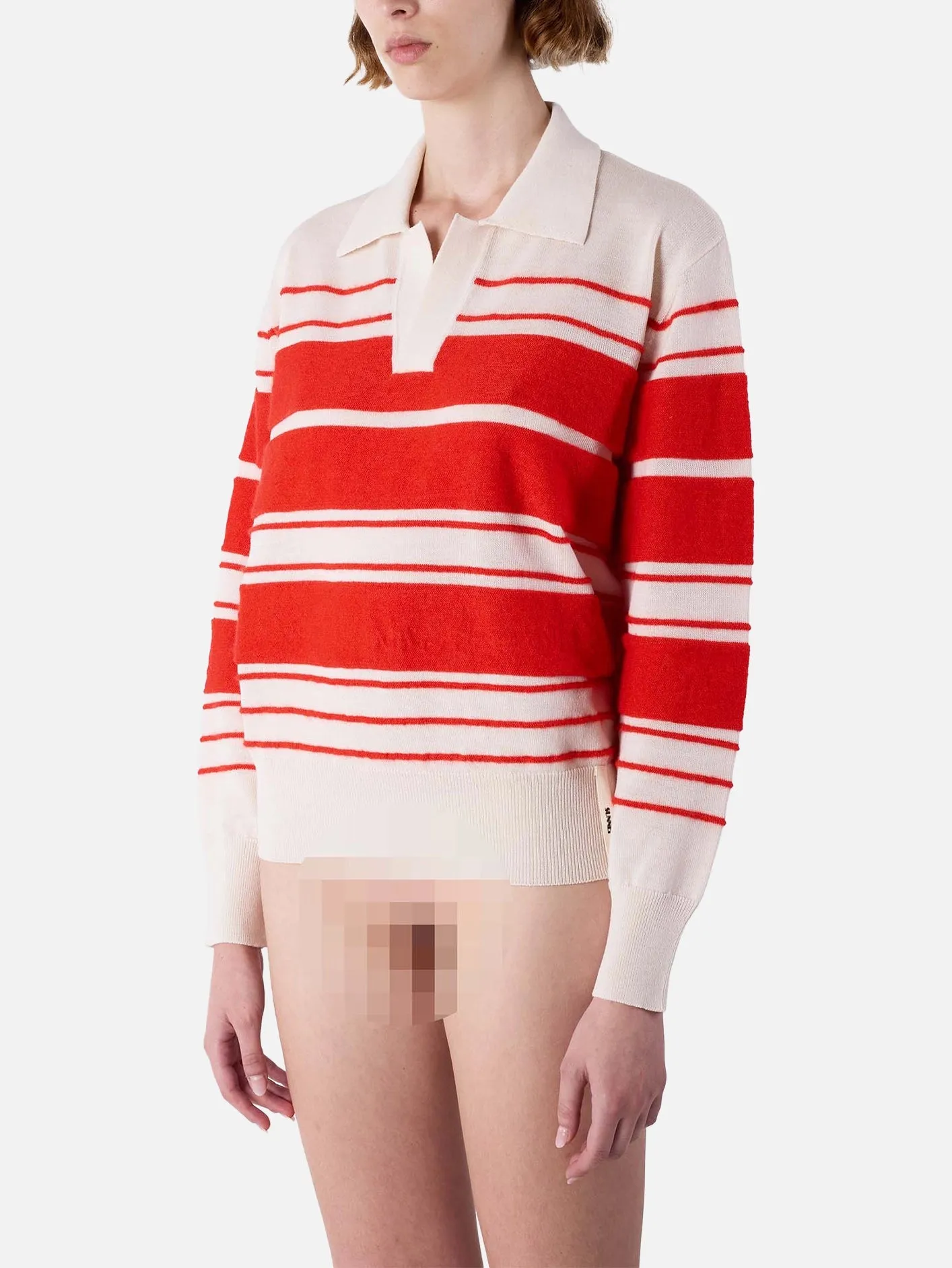 Striped Knit LS Polo - Off White/Acid Red