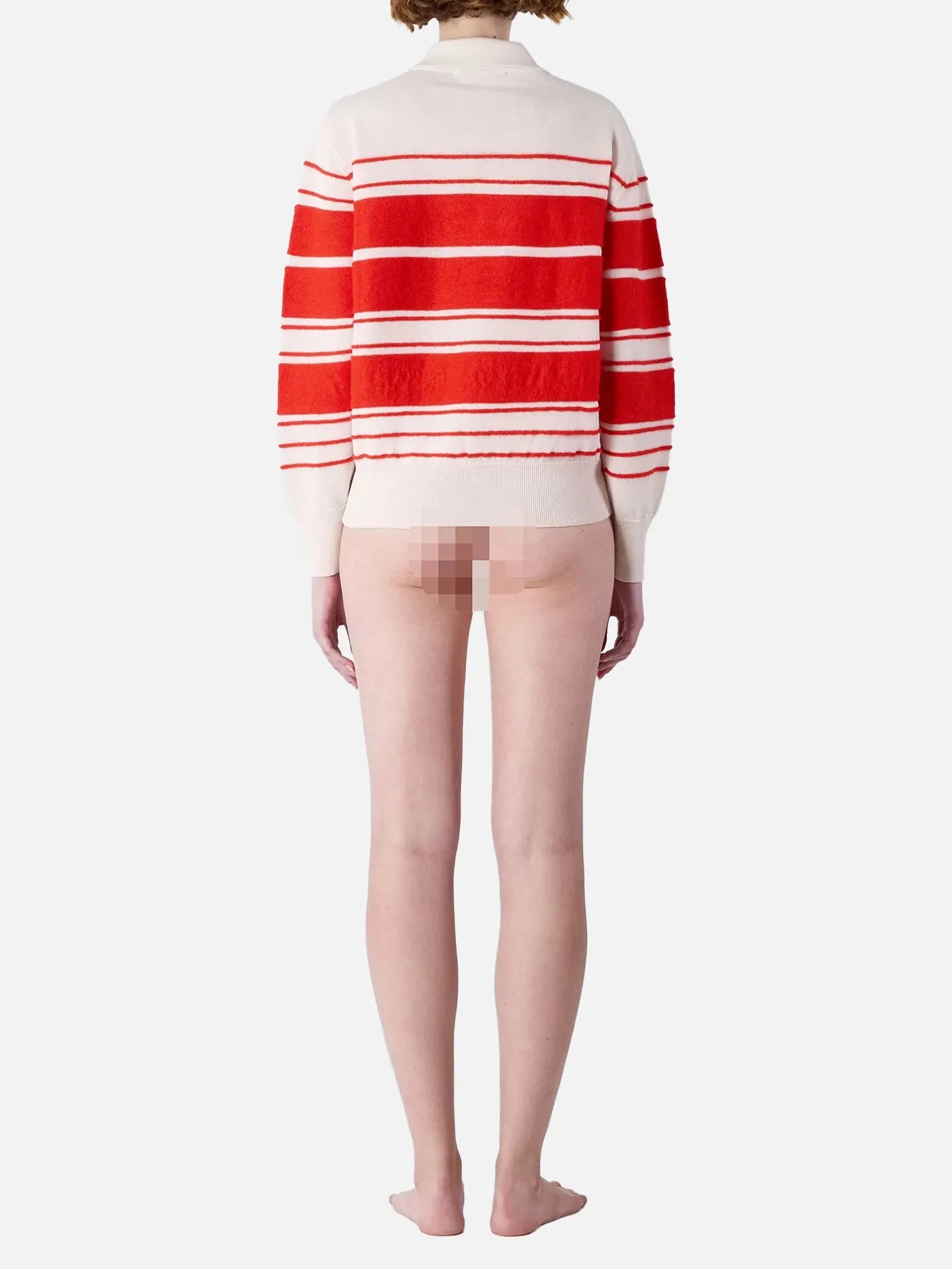 Striped Knit LS Polo - Off White/Acid Red