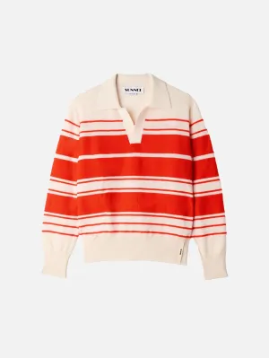 Striped Knit LS Polo - Off White/Acid Red