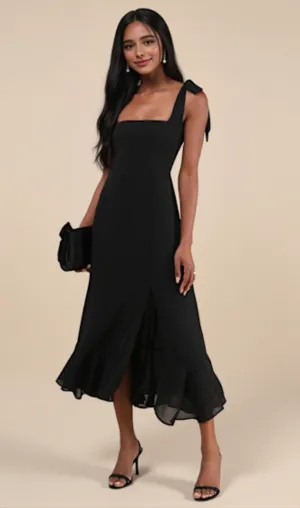 Summer Invite Black Tie-Strap Tiered Midi Dress