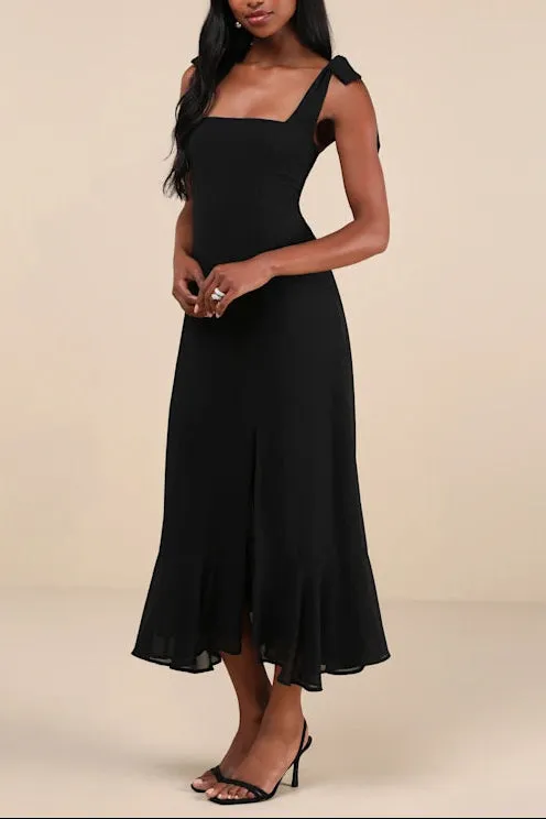 Summer Invite Black Tie-Strap Tiered Midi Dress