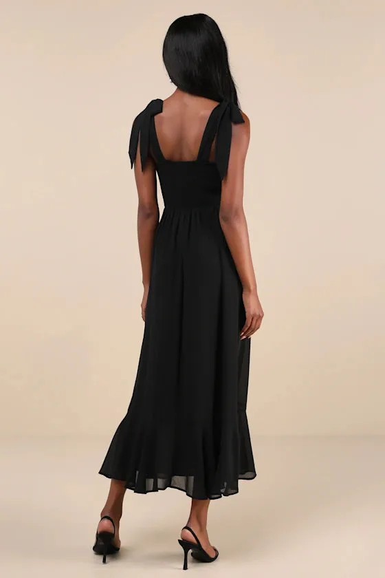 Summer Invite Black Tie-Strap Tiered Midi Dress