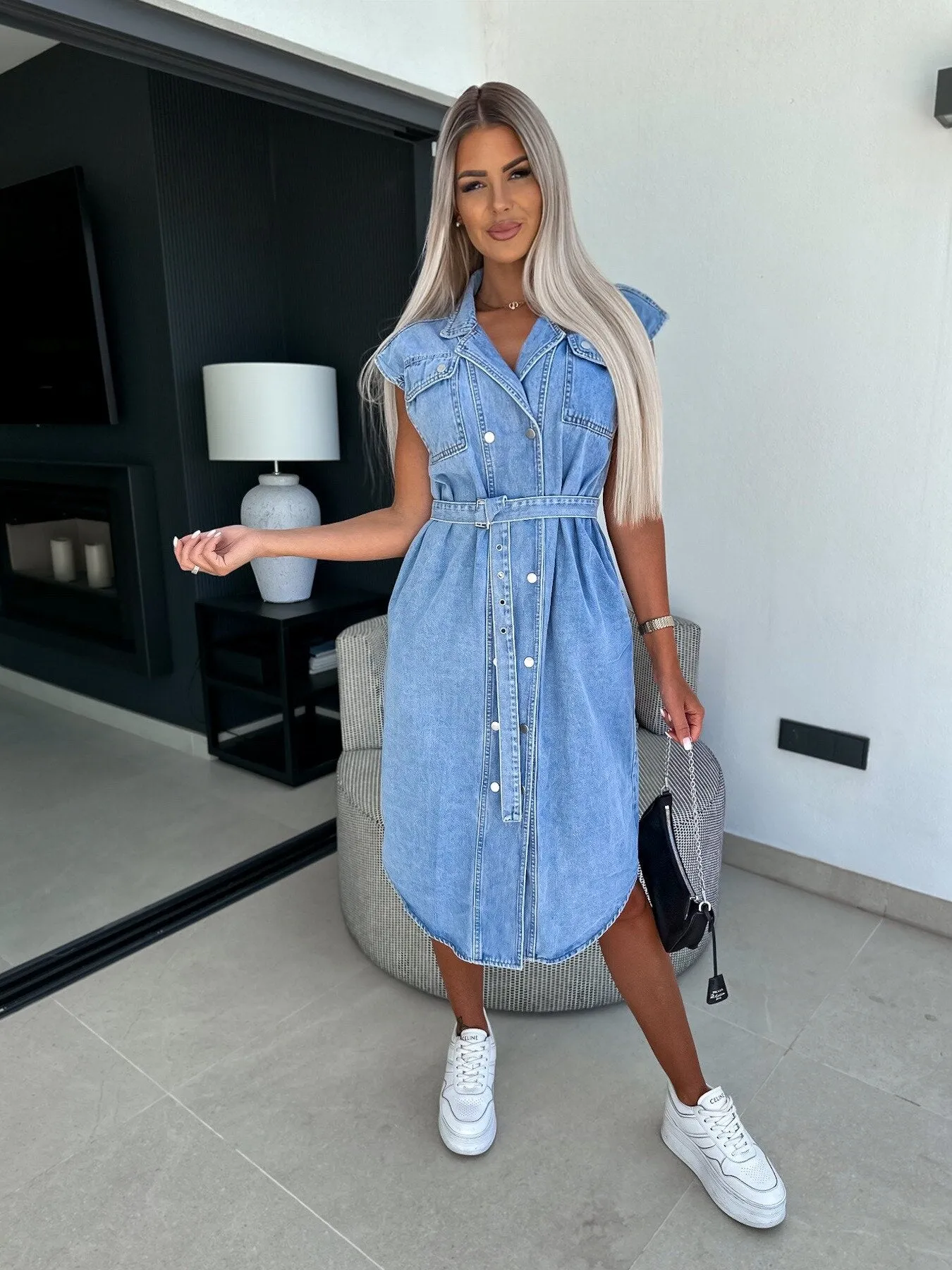 Sunol Tiered Button Down Denim Midi Dress - Washed Blue