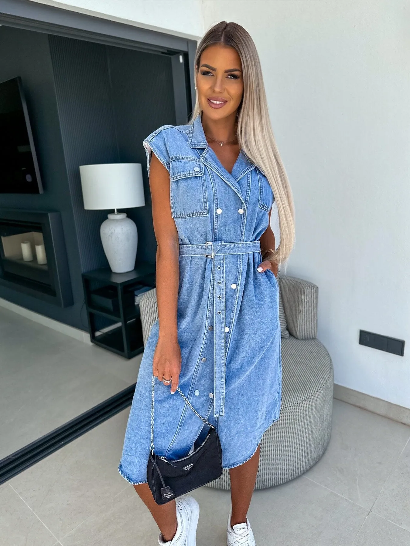 Sunol Tiered Button Down Denim Midi Dress - Washed Blue
