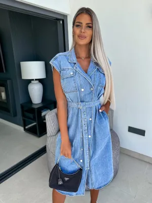 Sunol Tiered Button Down Denim Midi Dress - Washed Blue