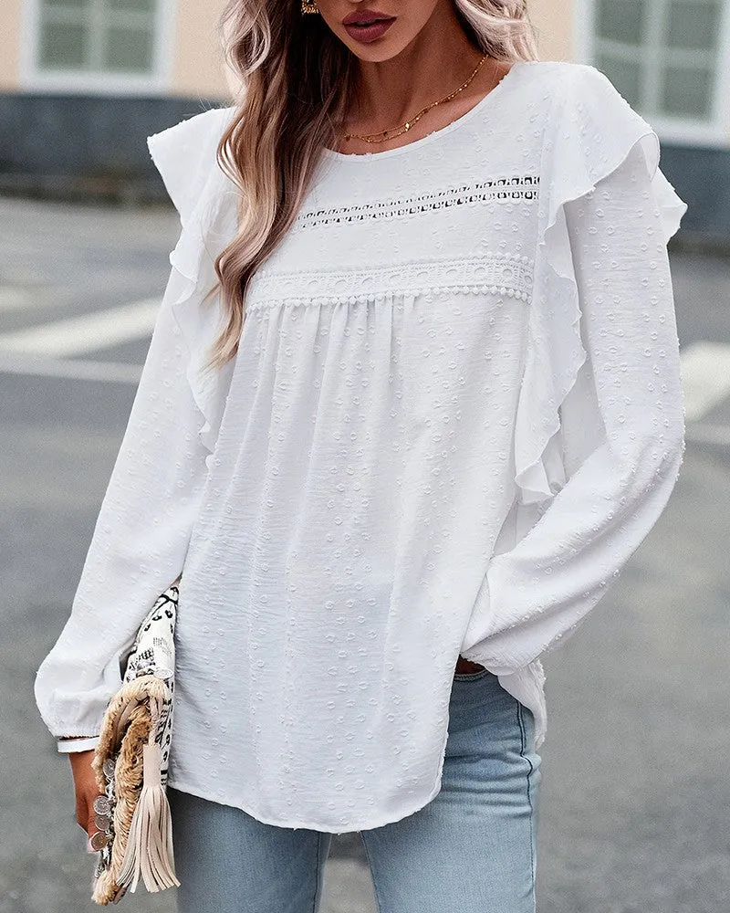 Swiss Dot Round Neck Ruffle Hem Top