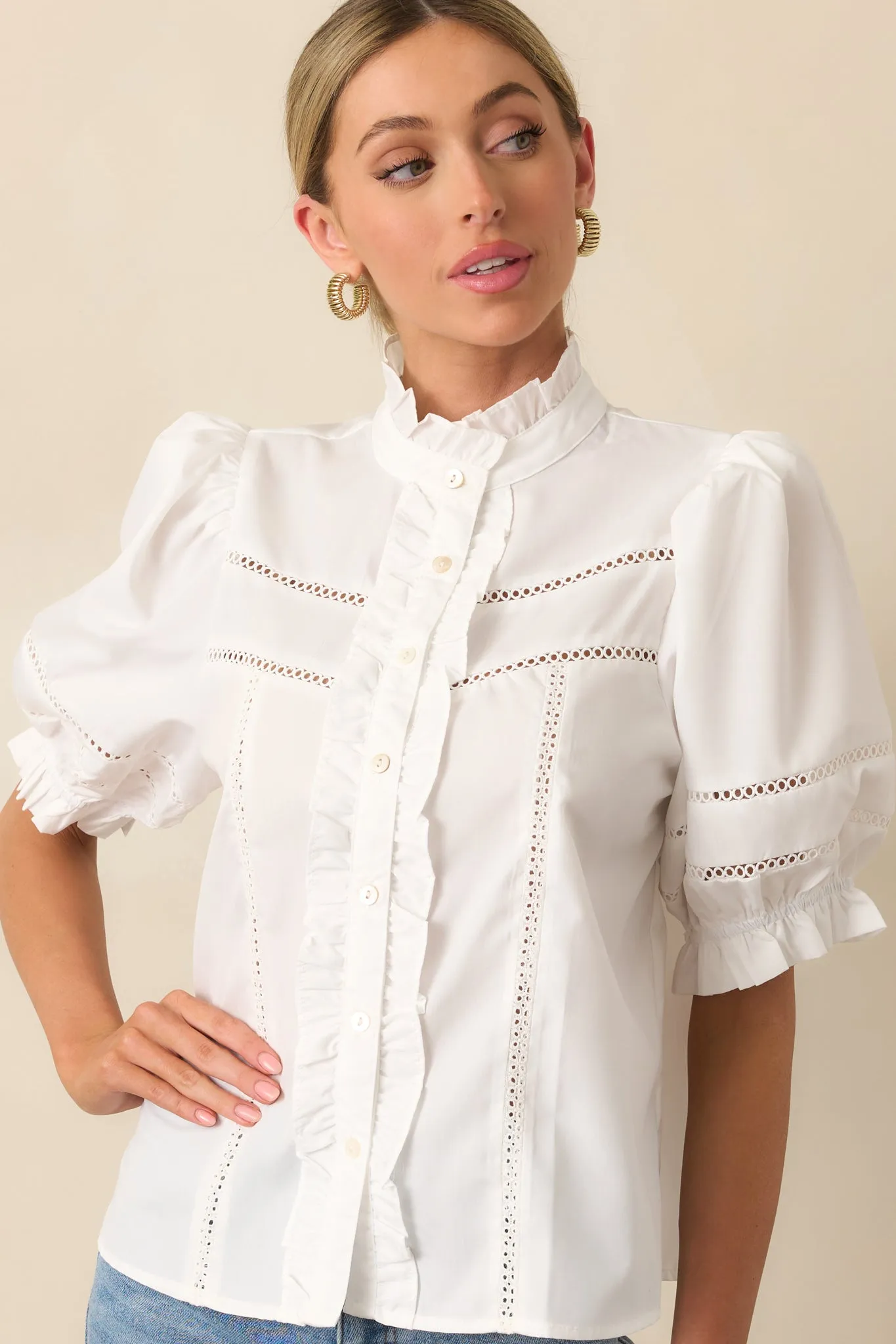 Taking The Scenic Route Ivory Eyelet Ruffle Half Sleeve Top