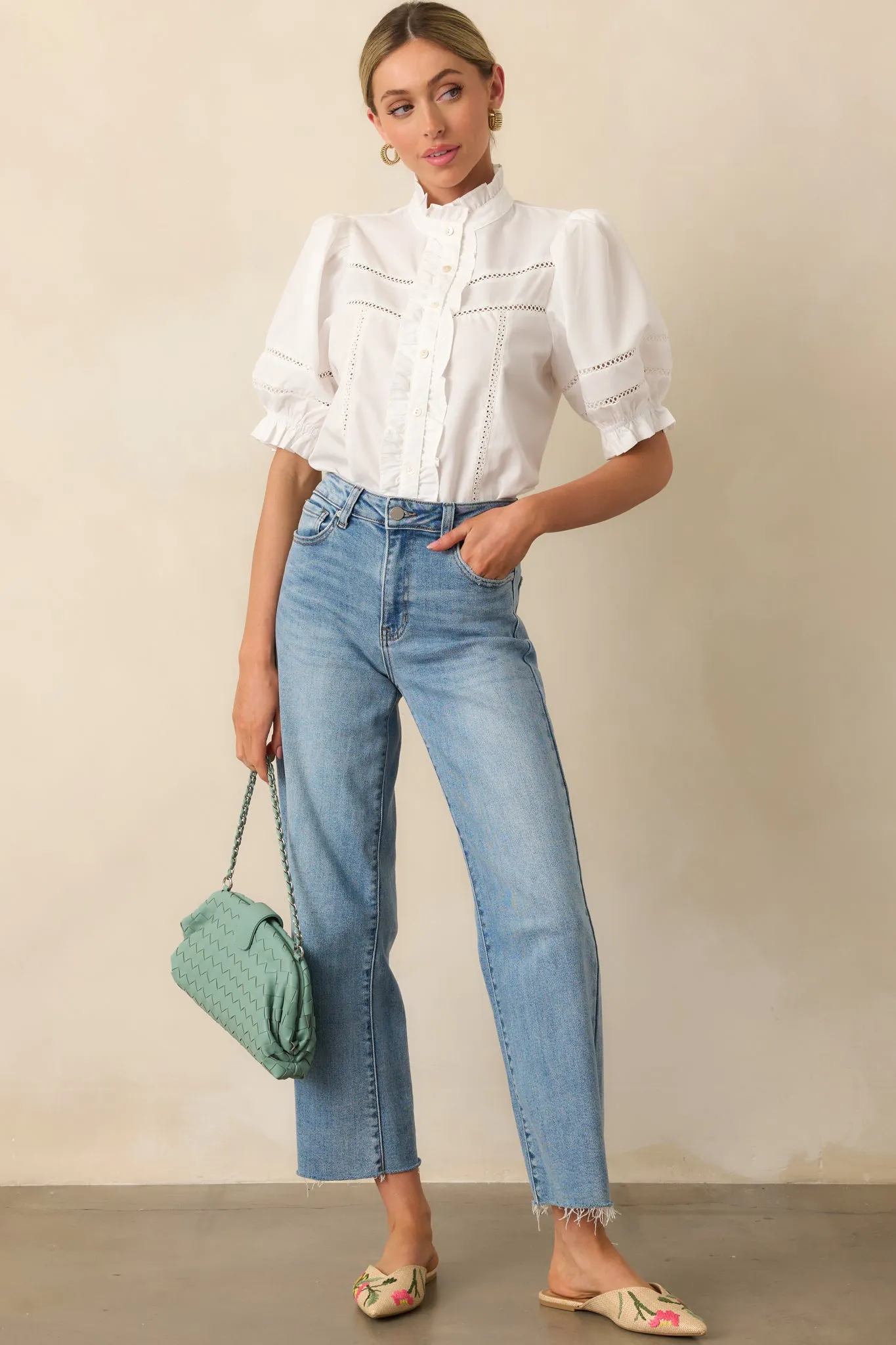 Taking The Scenic Route Ivory Eyelet Ruffle Half Sleeve Top
