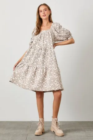 Tan Knit Jacquard Square Neck Dress
