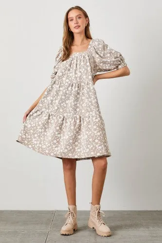 Tan Knit Jacquard Square Neck Dress
