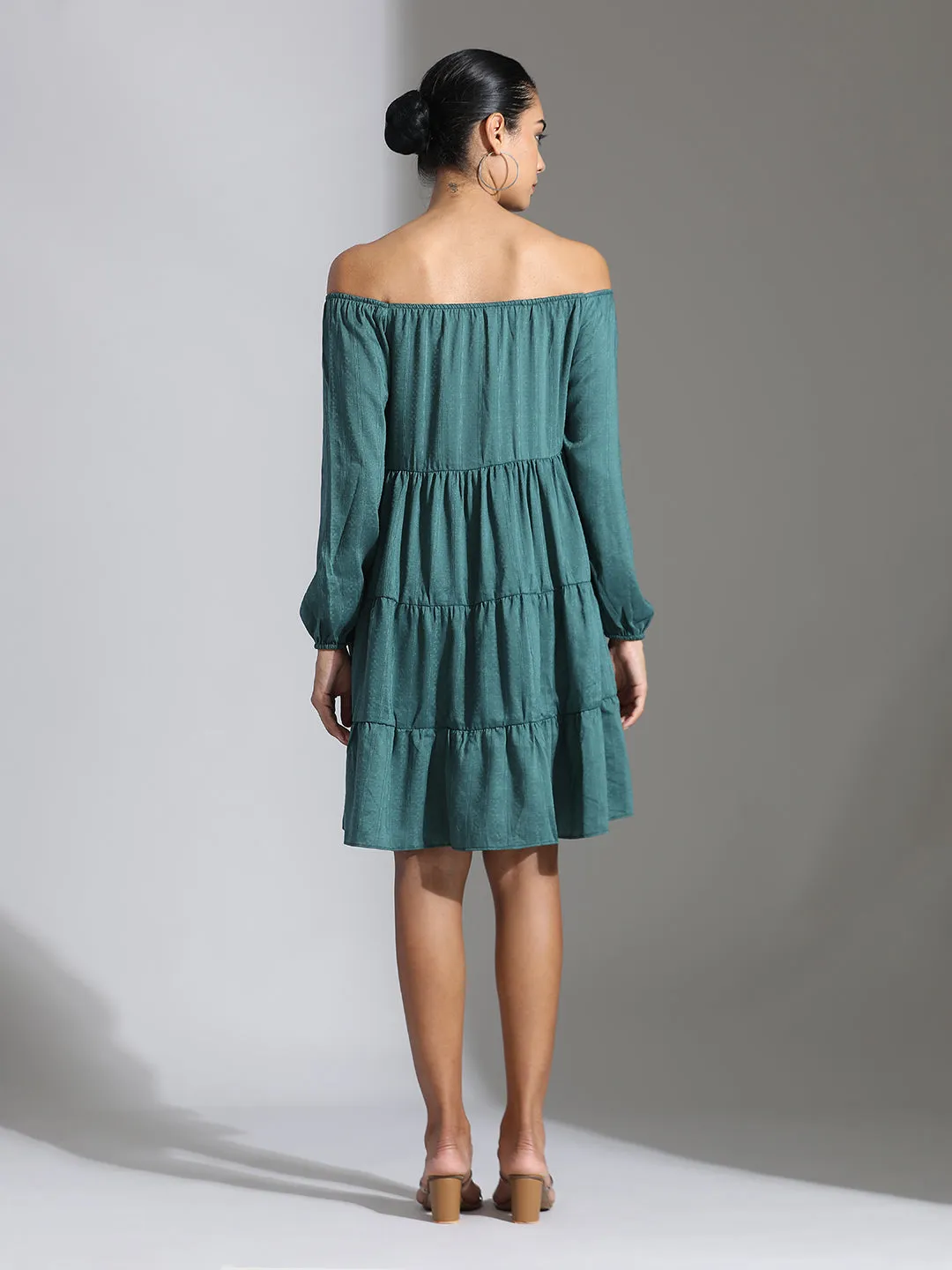 Teal Party Wear Tiered Flared Dress