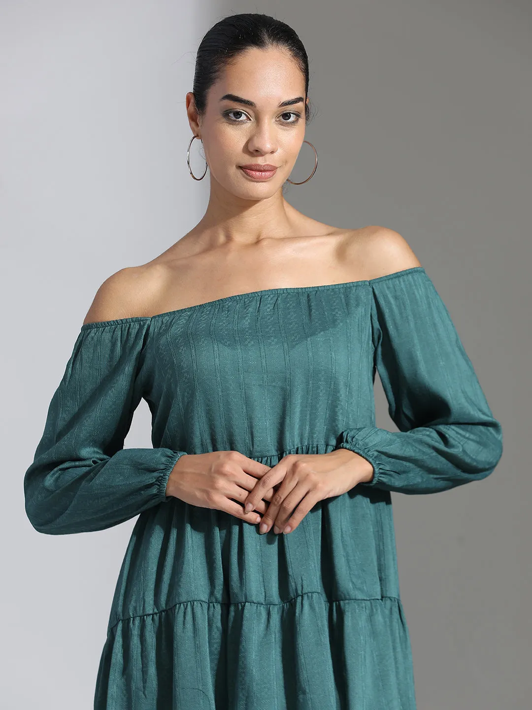 Teal Party Wear Tiered Flared Dress
