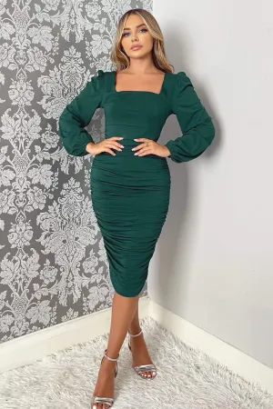 Teal Square Neck Ruched Long Sleeve Midi Dress