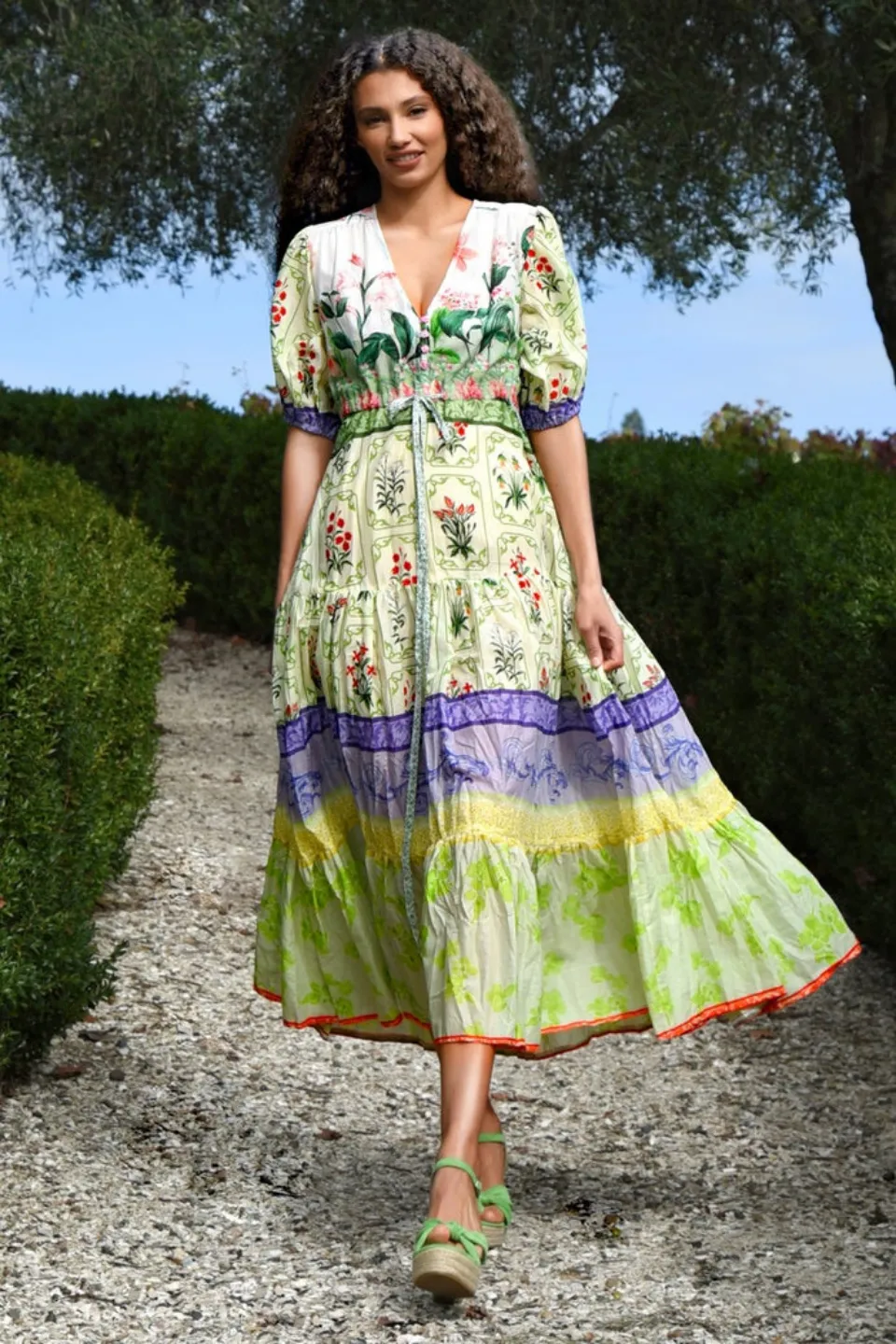 Things I Love Green Floral Front Tie Midi Dress