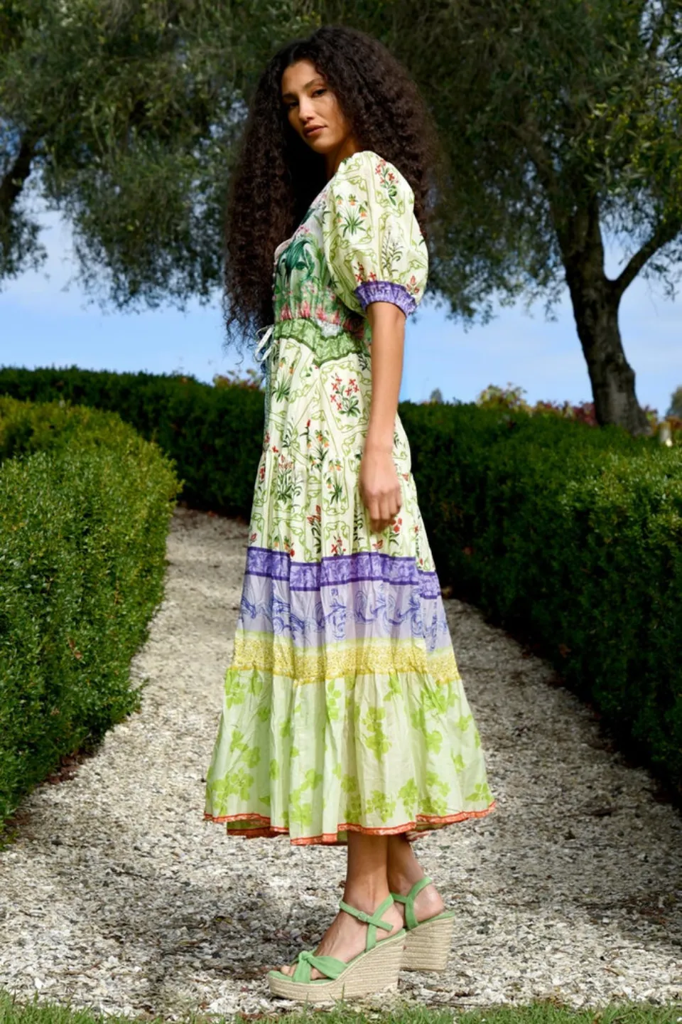 Things I Love Green Floral Front Tie Midi Dress