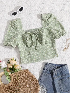 Tie Neck Shirred Back Ditsy Floral Top