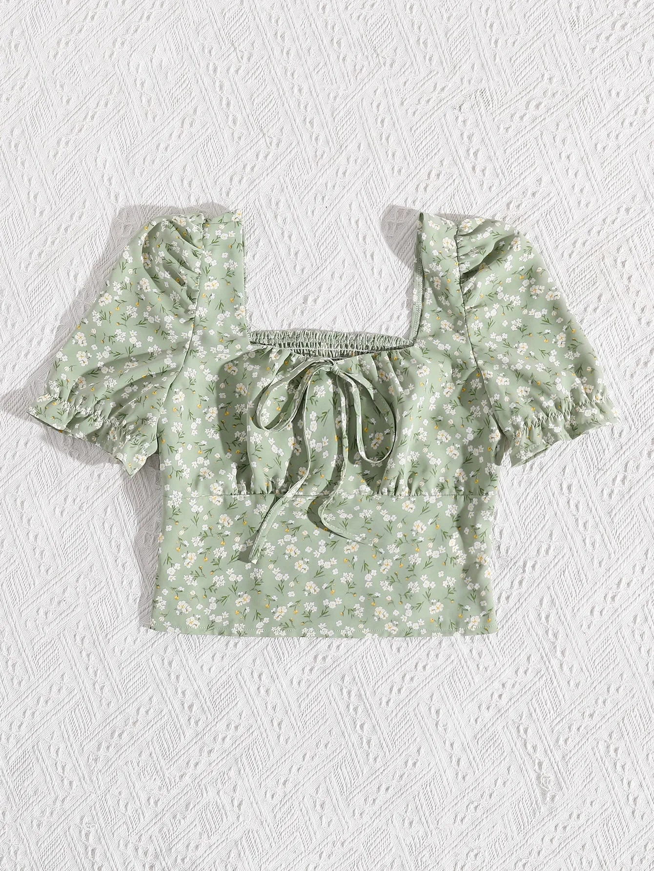 Tie Neck Shirred Back Ditsy Floral Top