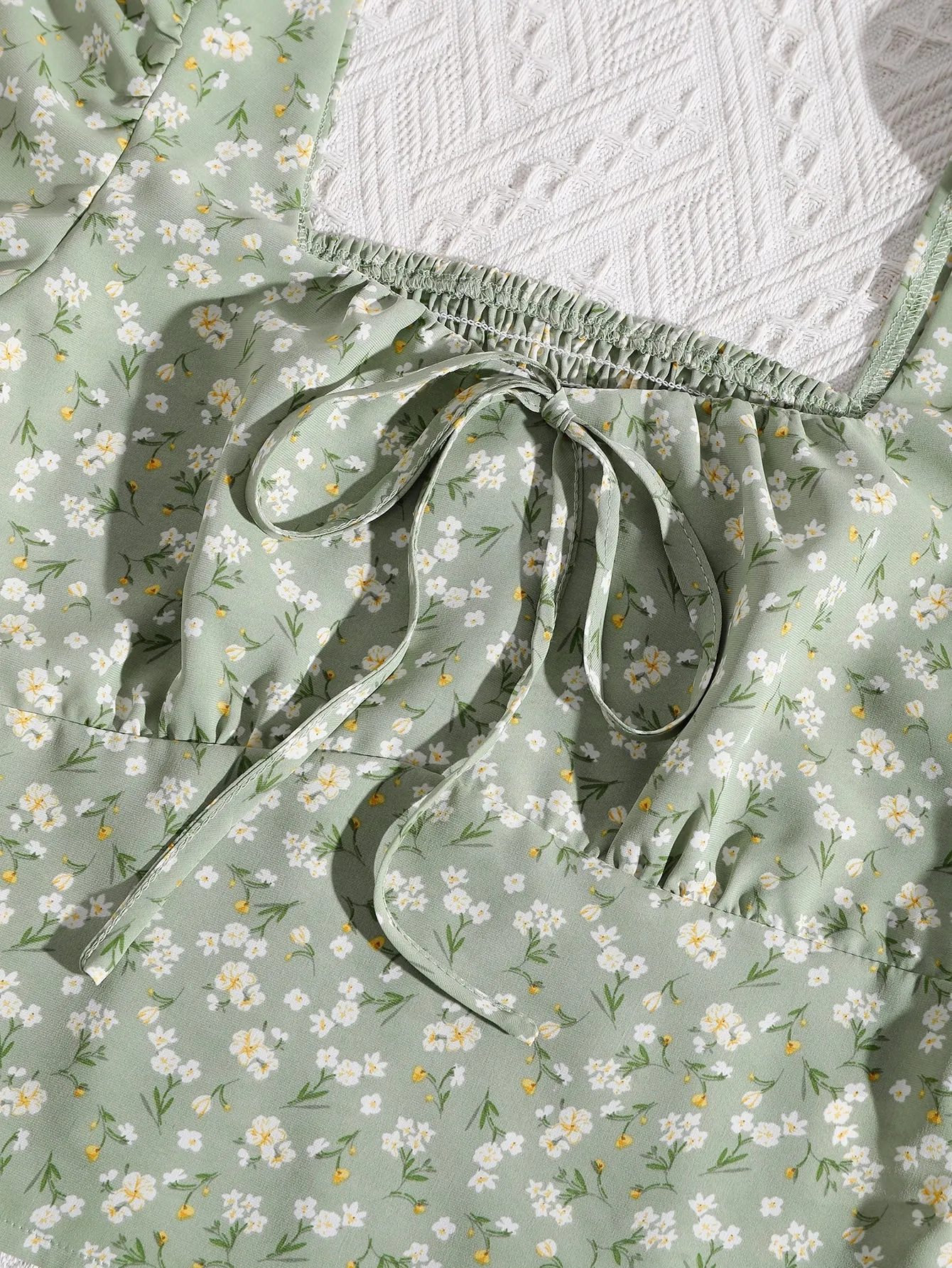 Tie Neck Shirred Back Ditsy Floral Top