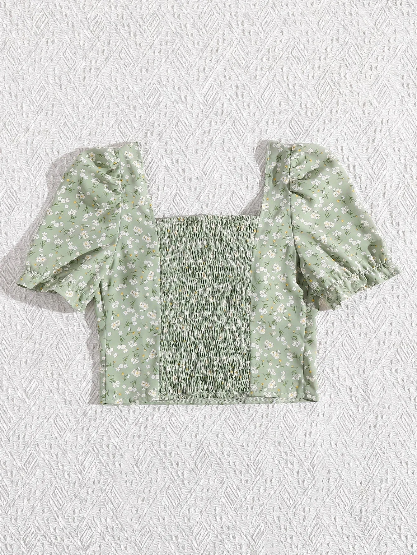 Tie Neck Shirred Back Ditsy Floral Top