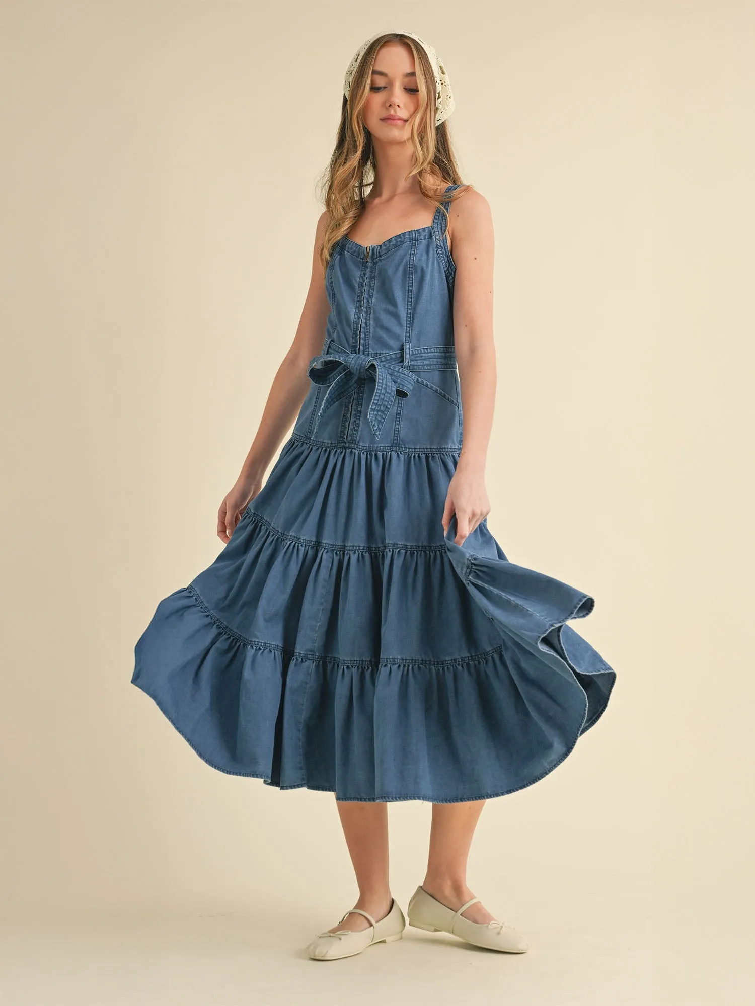Tie Waist Denim Tiered Midi Dress