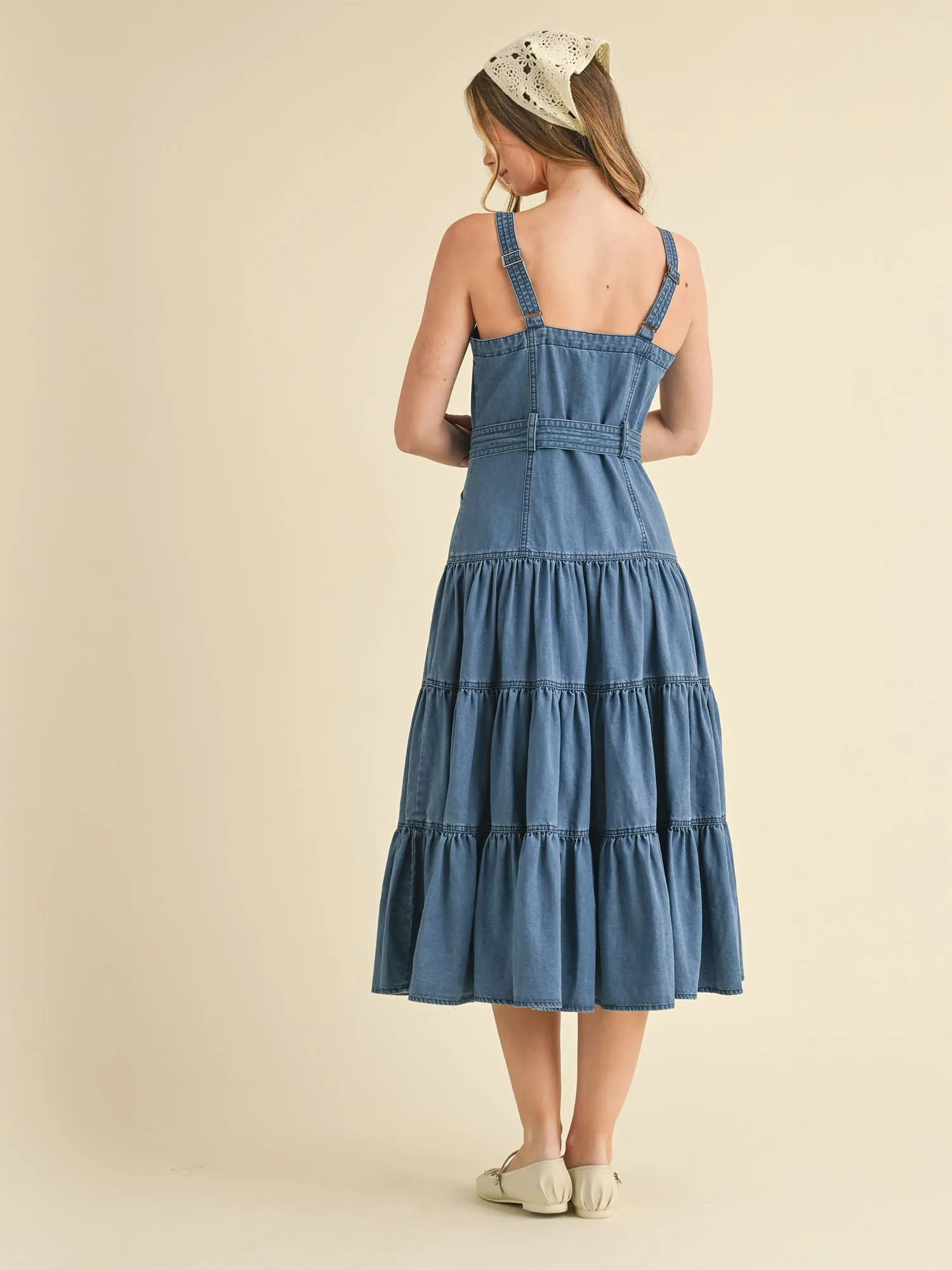 Tie Waist Denim Tiered Midi Dress