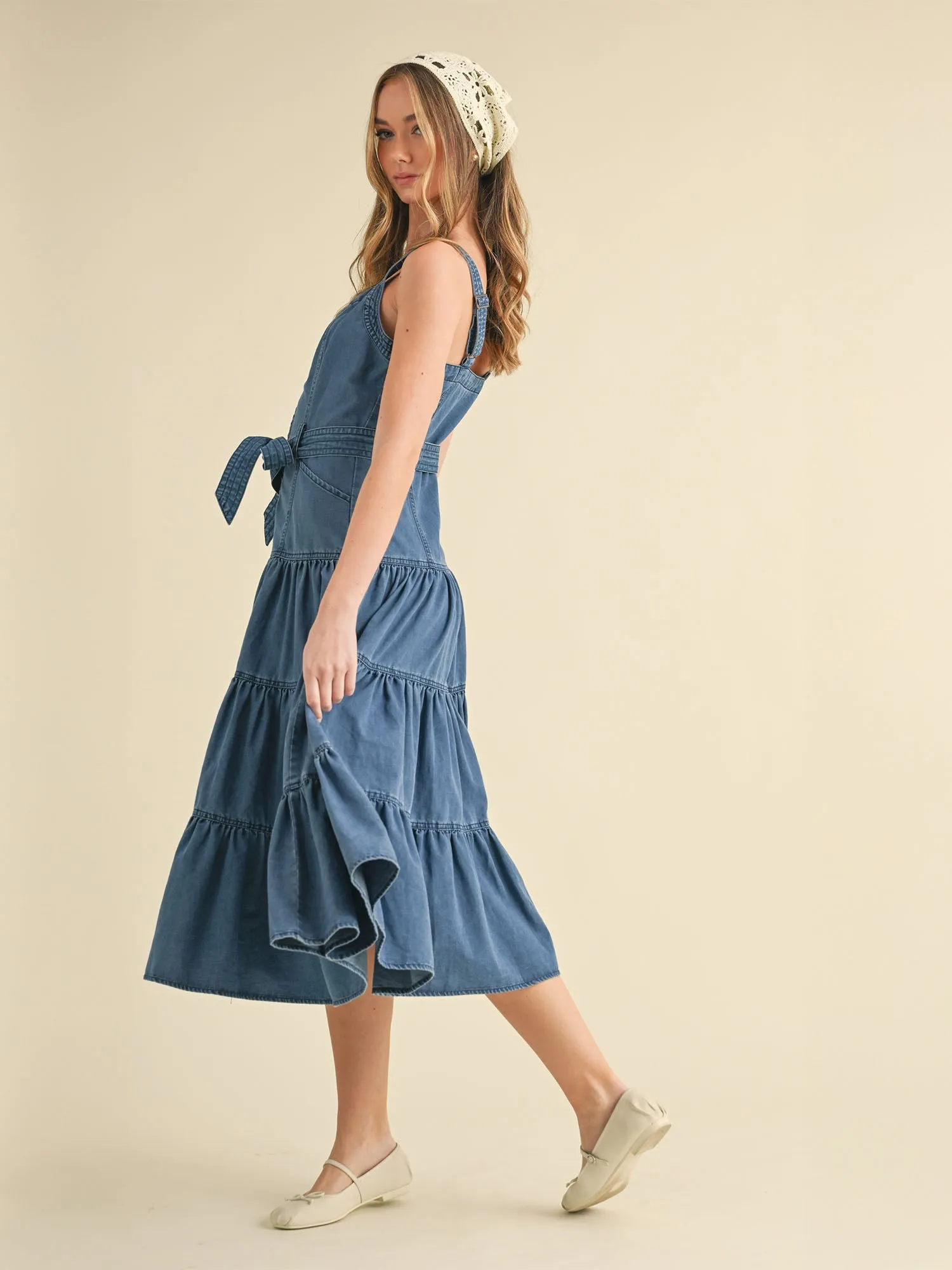 Tie Waist Denim Tiered Midi Dress