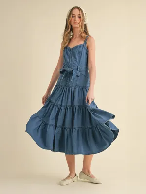 Tie Waist Denim Tiered Midi Dress