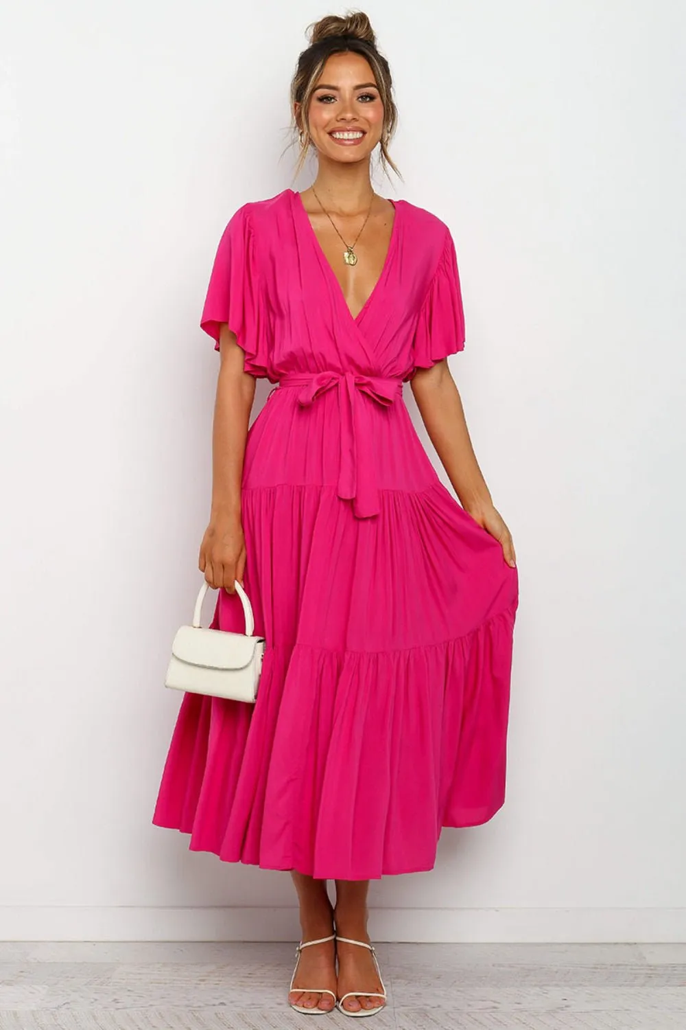 Tied Tiered Short Sleeve Midi Dress