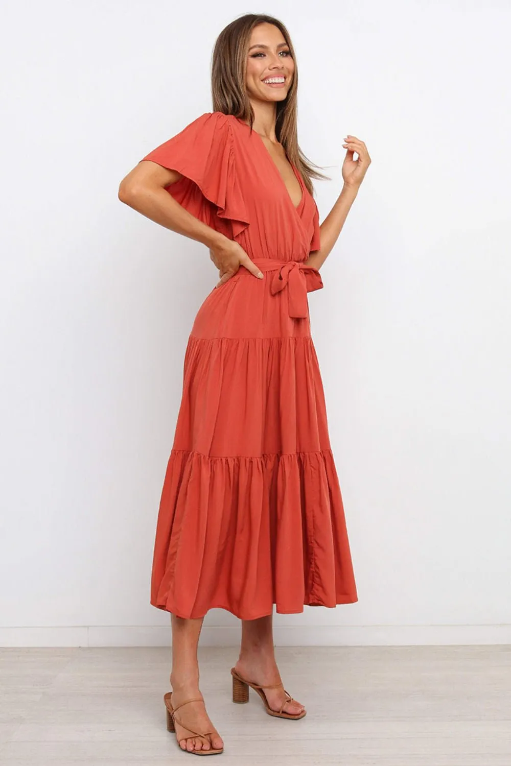 Tied Tiered Short Sleeve Midi Dress