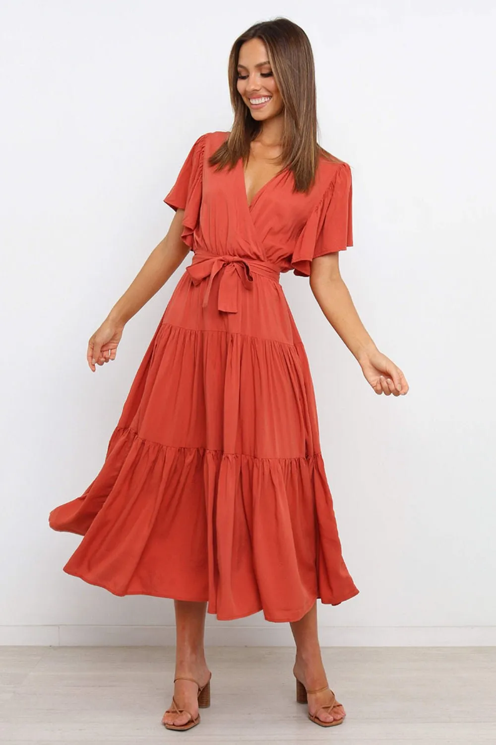 Tied Tiered Short Sleeve Midi Dress