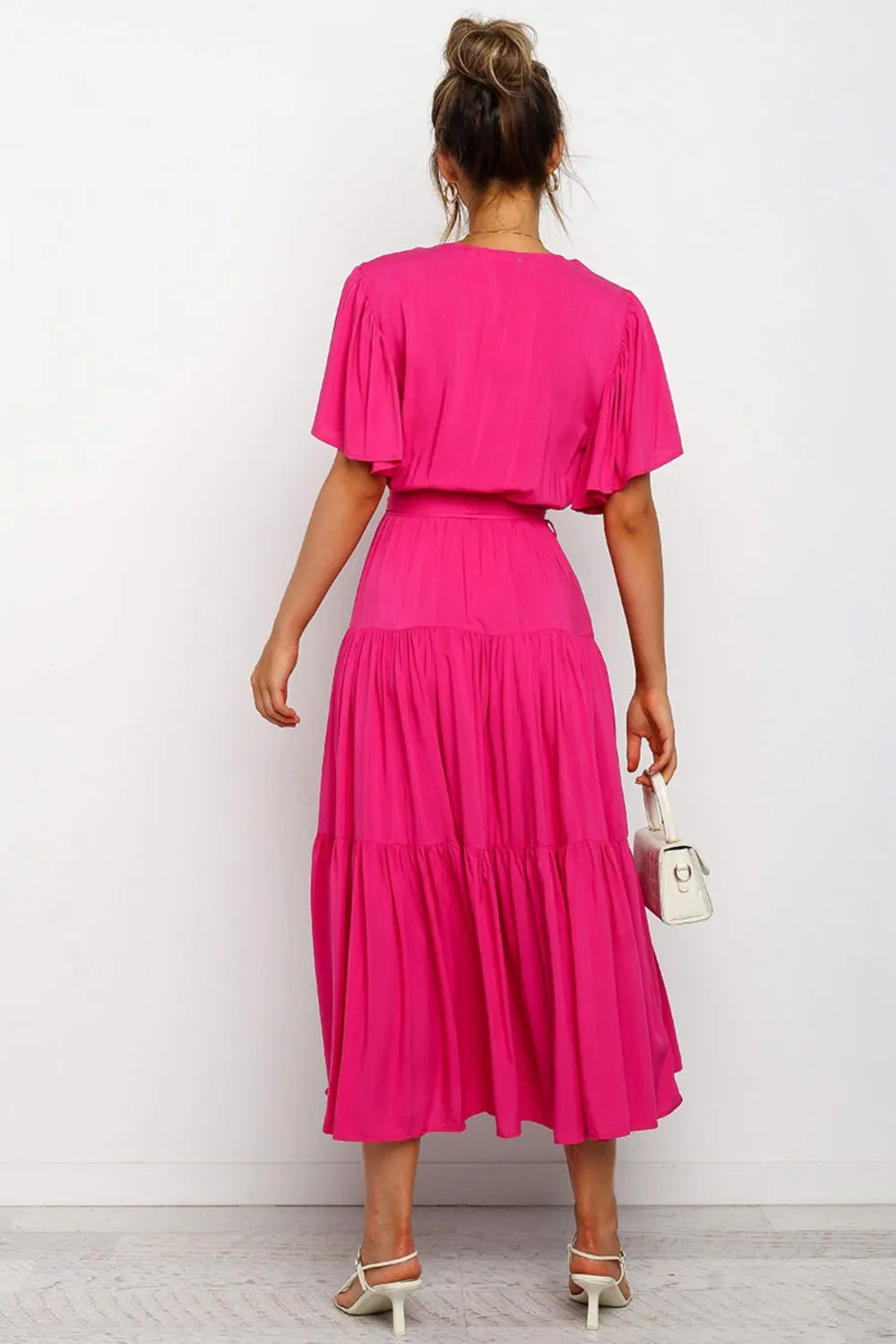 Tied Tiered Short Sleeve Midi Dress