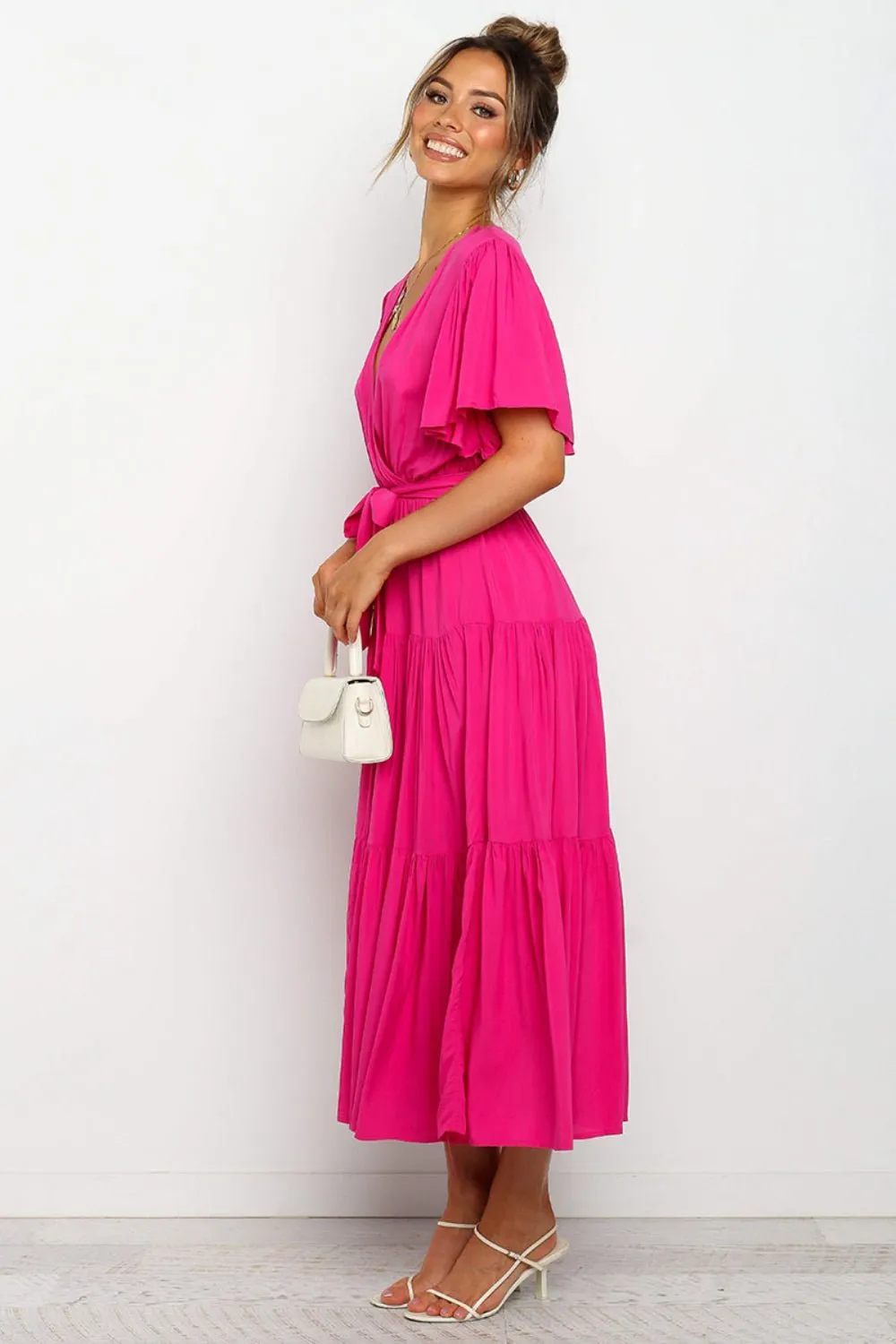 Tied Tiered Short Sleeve Midi Dress