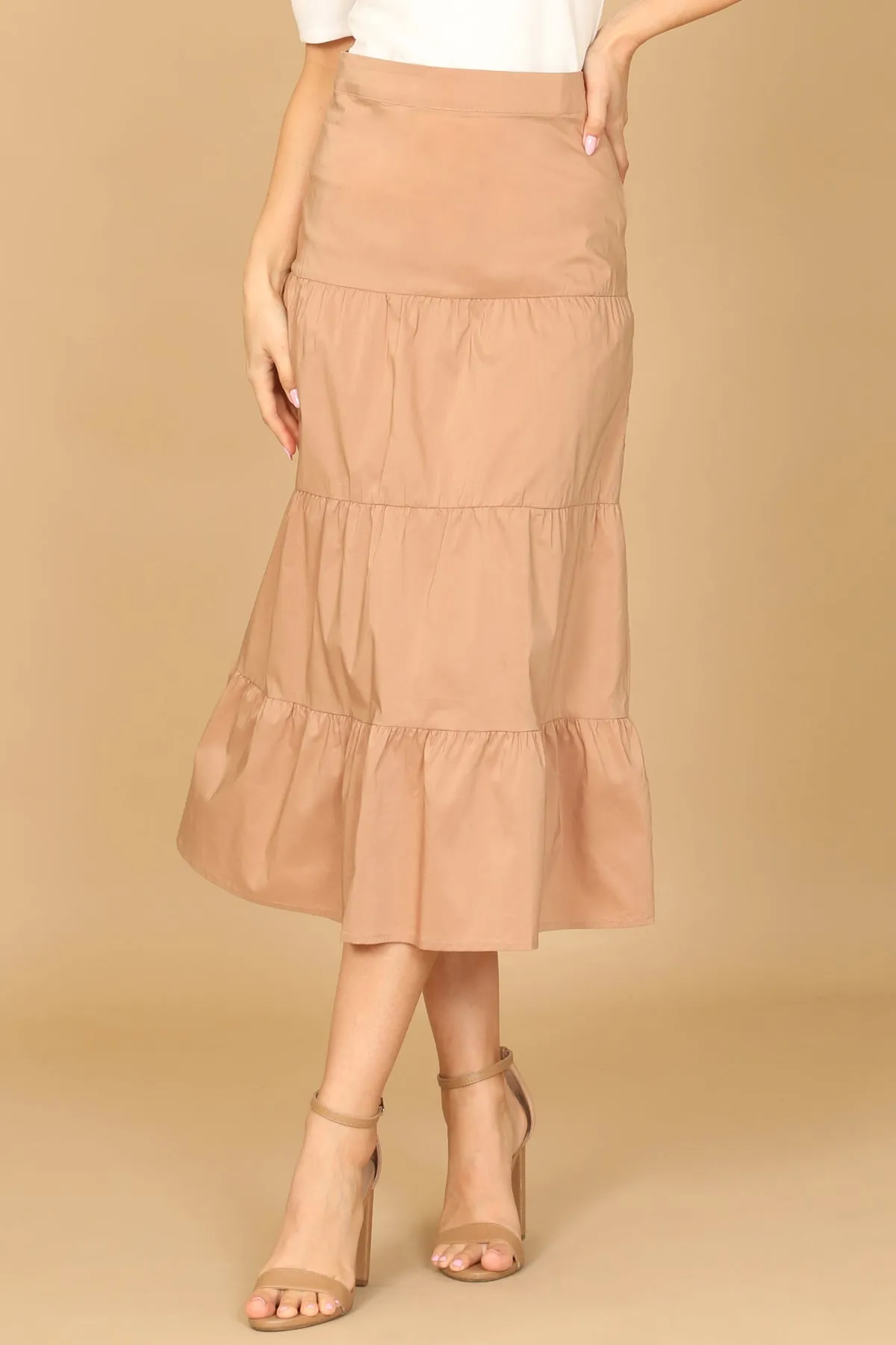 TIERED SOLID MIDI SKIRT
