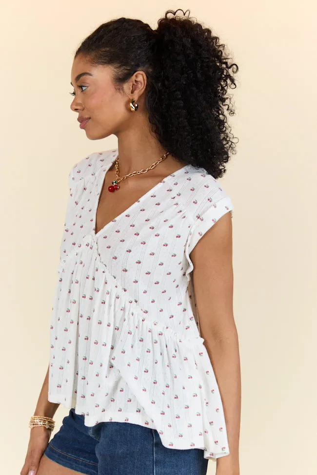 Treasured Times Ivory Cherry Print Oversized Knit Top