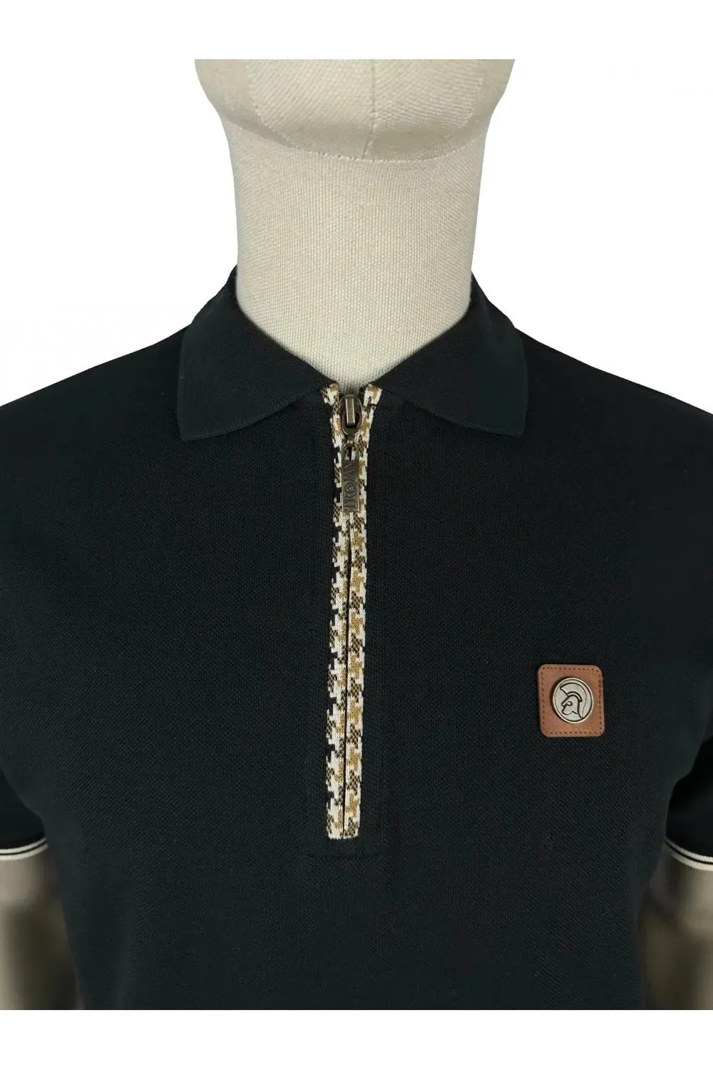 Trojan Houndstooth Trim Zip Pique Polo In Black