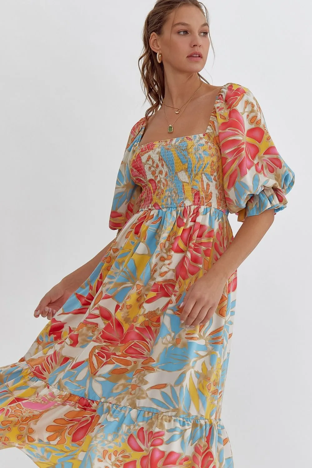 Tropical Print Square Neck Half Sleeve Midi Dress