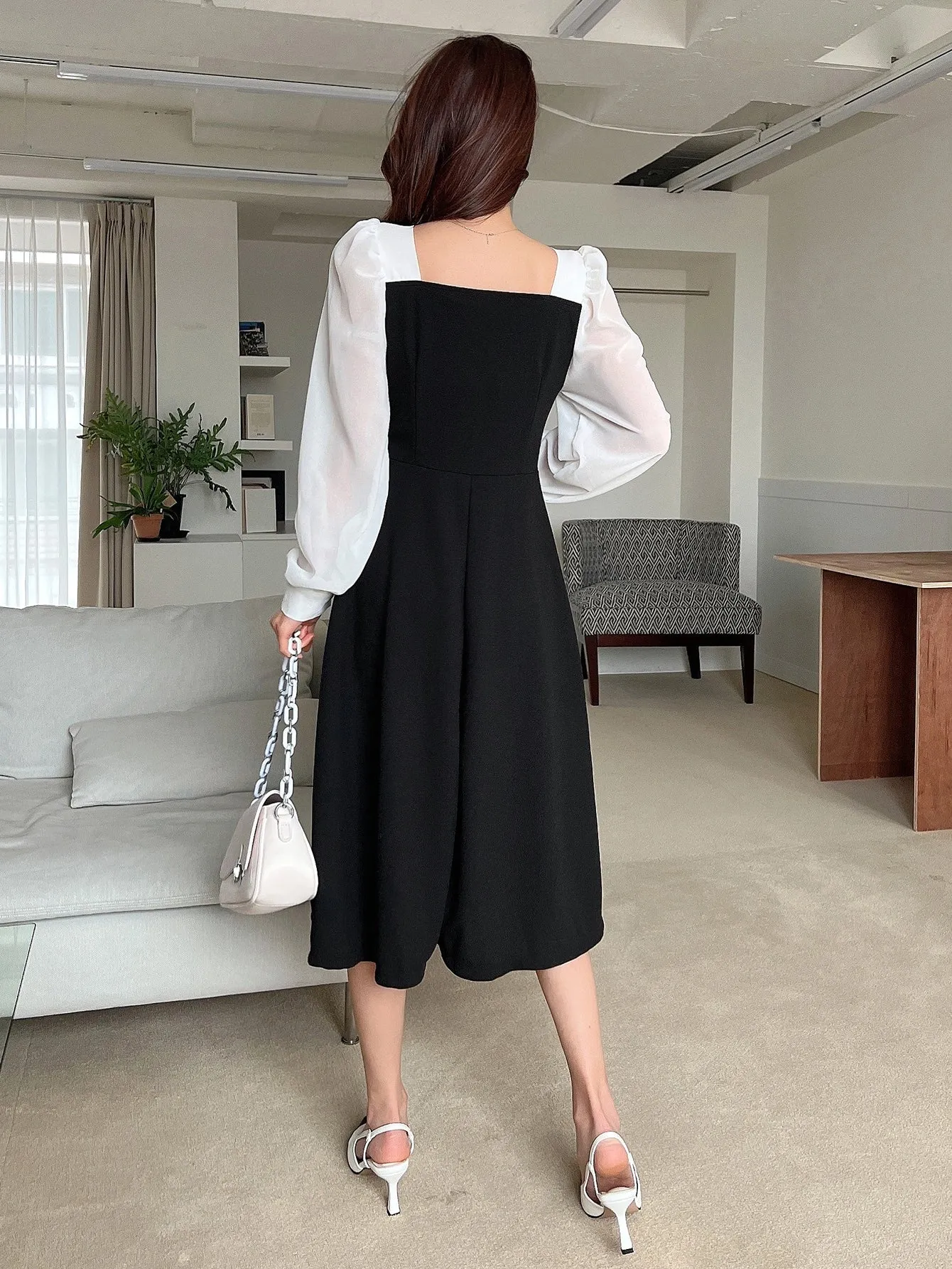 Two Tone Square Neck Bishop Sleeve Dress