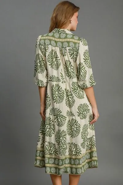 Umgee Full Size Border Print Tiered Midi Dress Plus Size