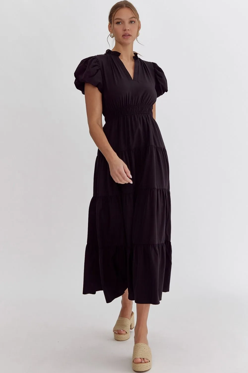 V-Neck Bubble Sleeve Tiered Midi Dress