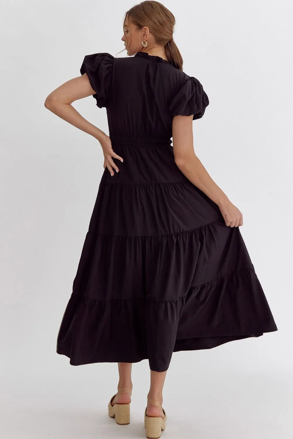 V-Neck Bubble Sleeve Tiered Midi Dress