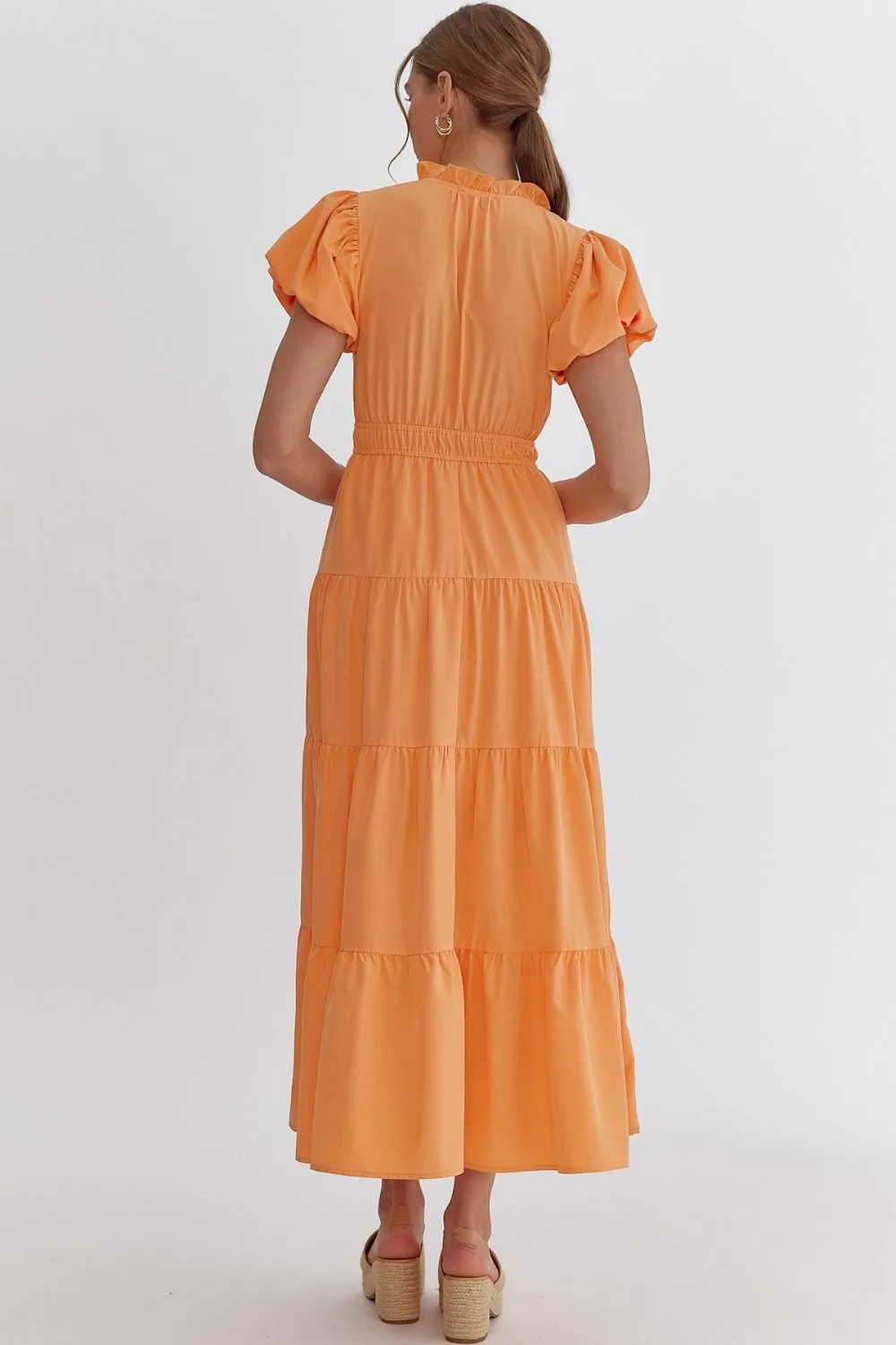 V-Neck Bubble Sleeve Tiered Midi Dress