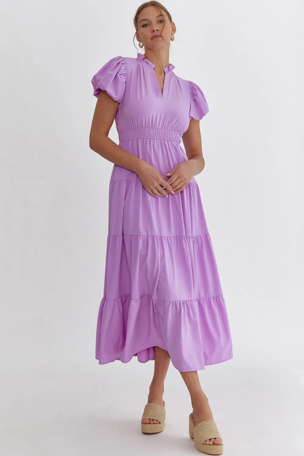 V-Neck Bubble Sleeve Tiered Midi Dress