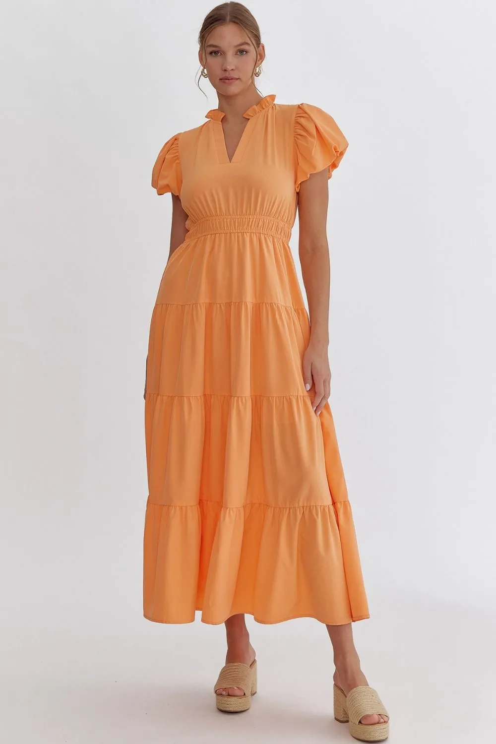 V-Neck Bubble Sleeve Tiered Midi Dress