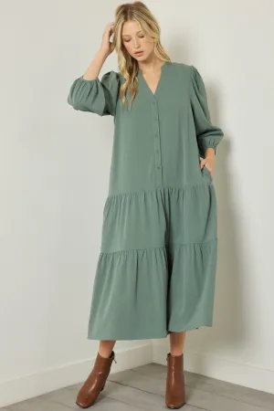 V-neck long sleeve tiered midi dress